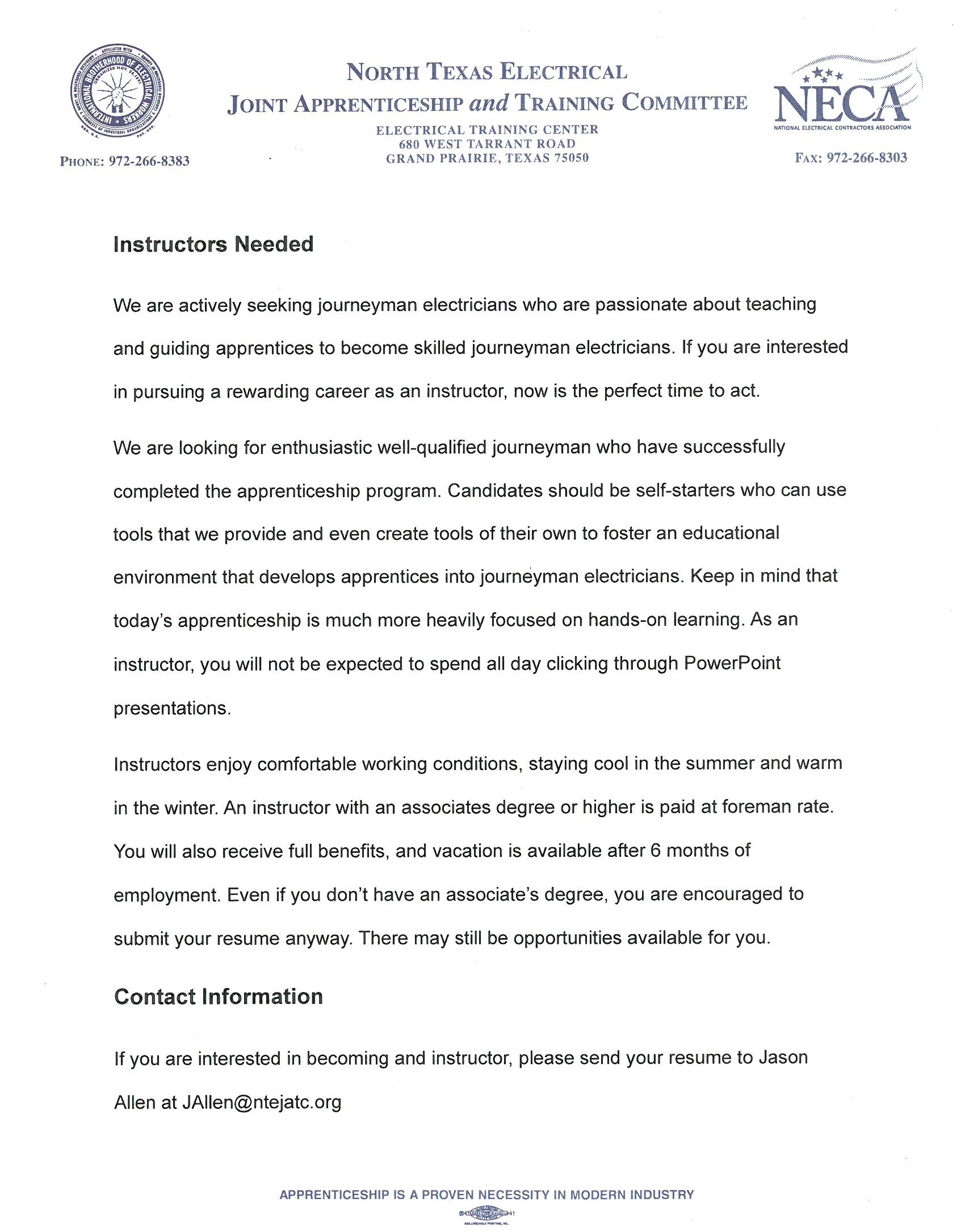 Advertising a position for an instructor